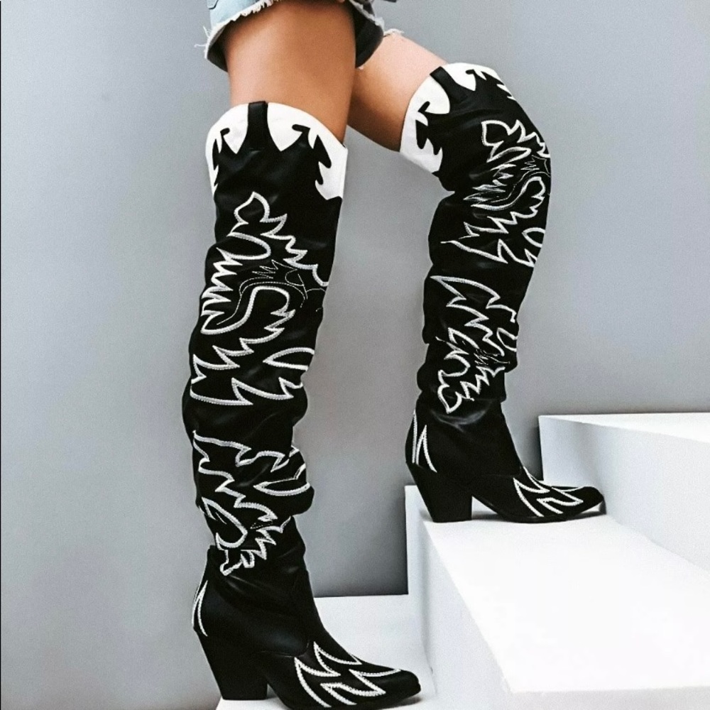 Cape Robbin over the knee cowboy boots black/white